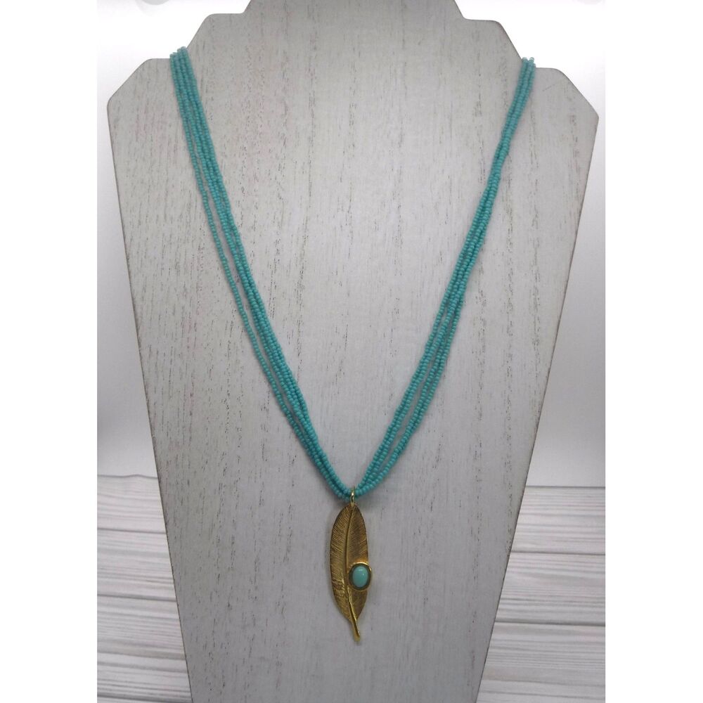 Beaded Necklace Teal w/ Gold Feather